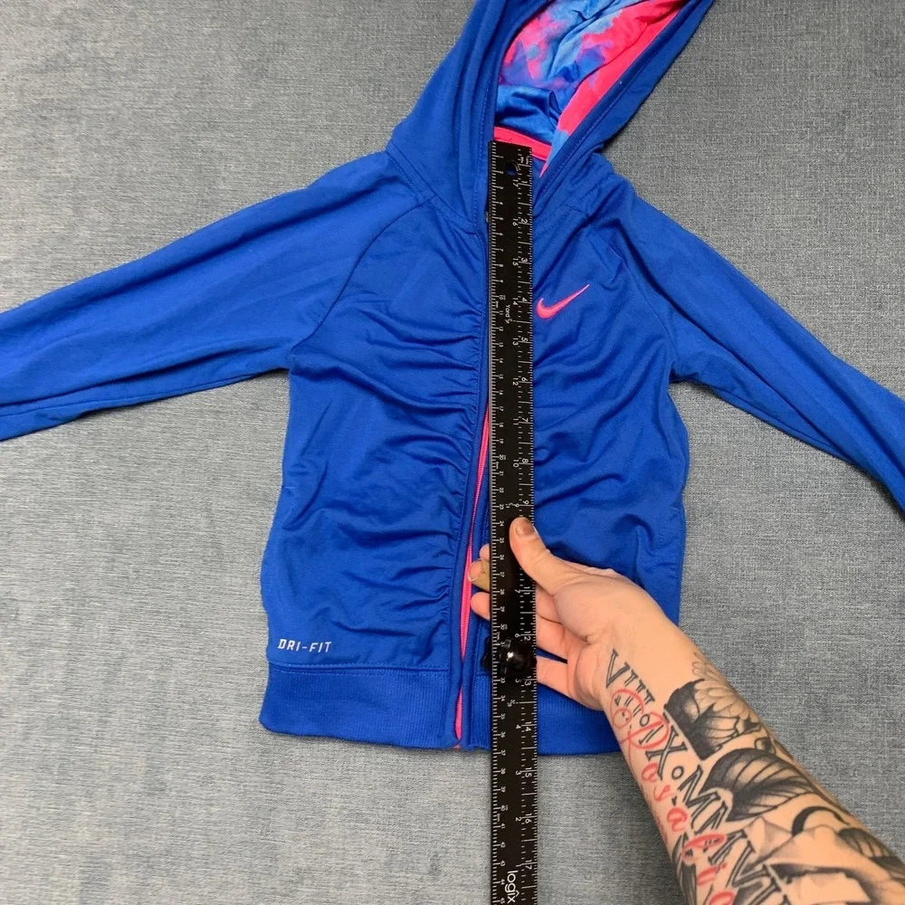 Nike Dri-Fit Full Zip Hoodie Girls 3T Blue Pink Swoosh Raglan Sleeve Activewear